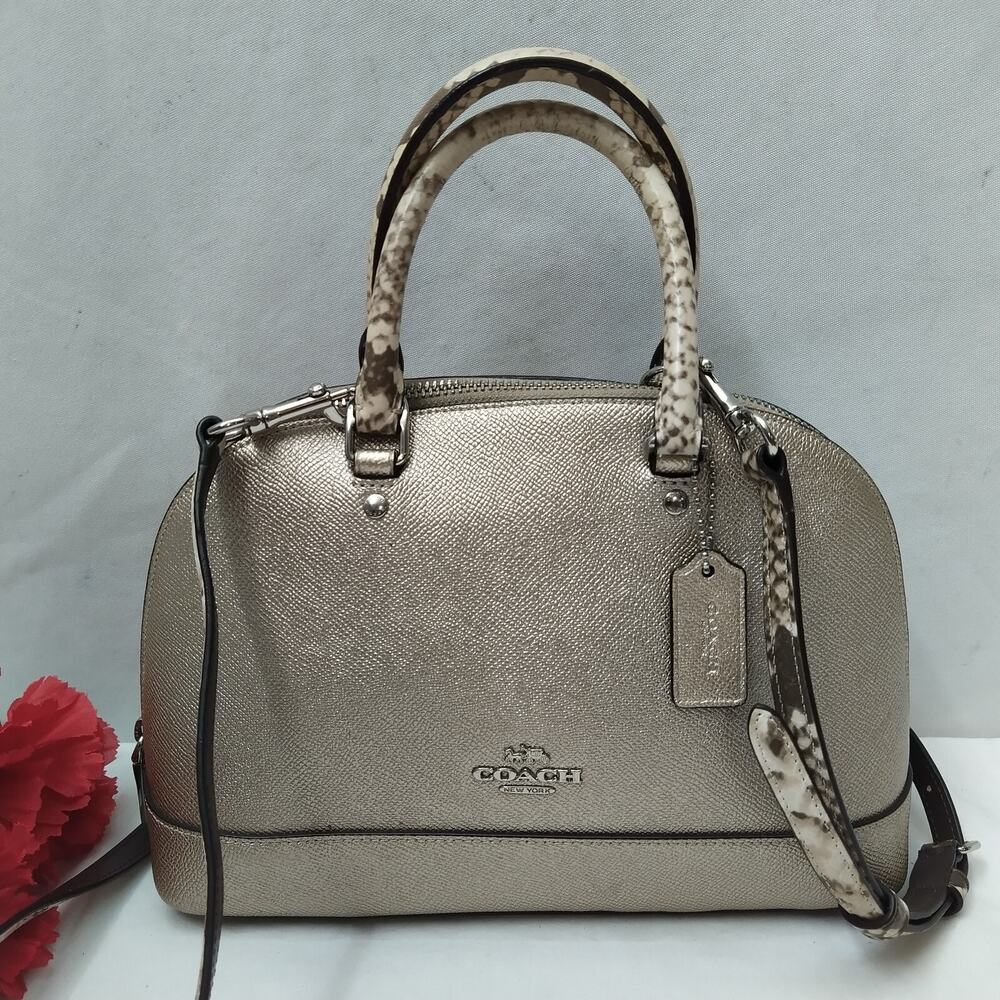 Coach Sierra Metallic Light Gold Snakeskin Detail Zipper Domed Mini Satchel Bag
